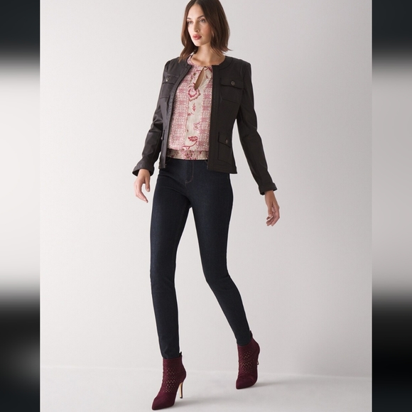 White House Black Market Fitted Coated Utility Jacket. Very dark reddish-brown. - Picture 2 of 12